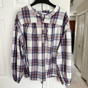 Every Moment Women's L  Plaid Popover Blouse Tunic Relaxed Fit Boho Shirt Top